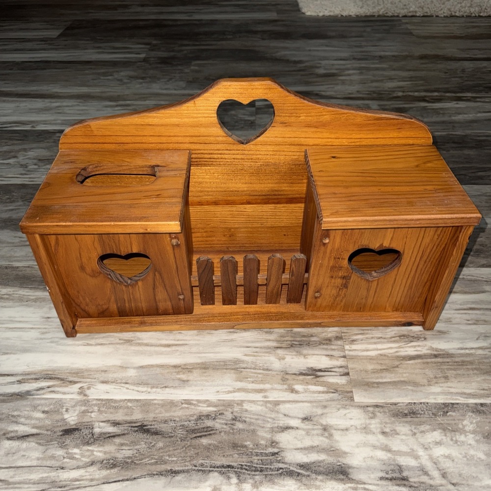 Vintage Wood Wall Tissue Box Toilet Paper Holder Heart Cutout Picket Fence Shelf